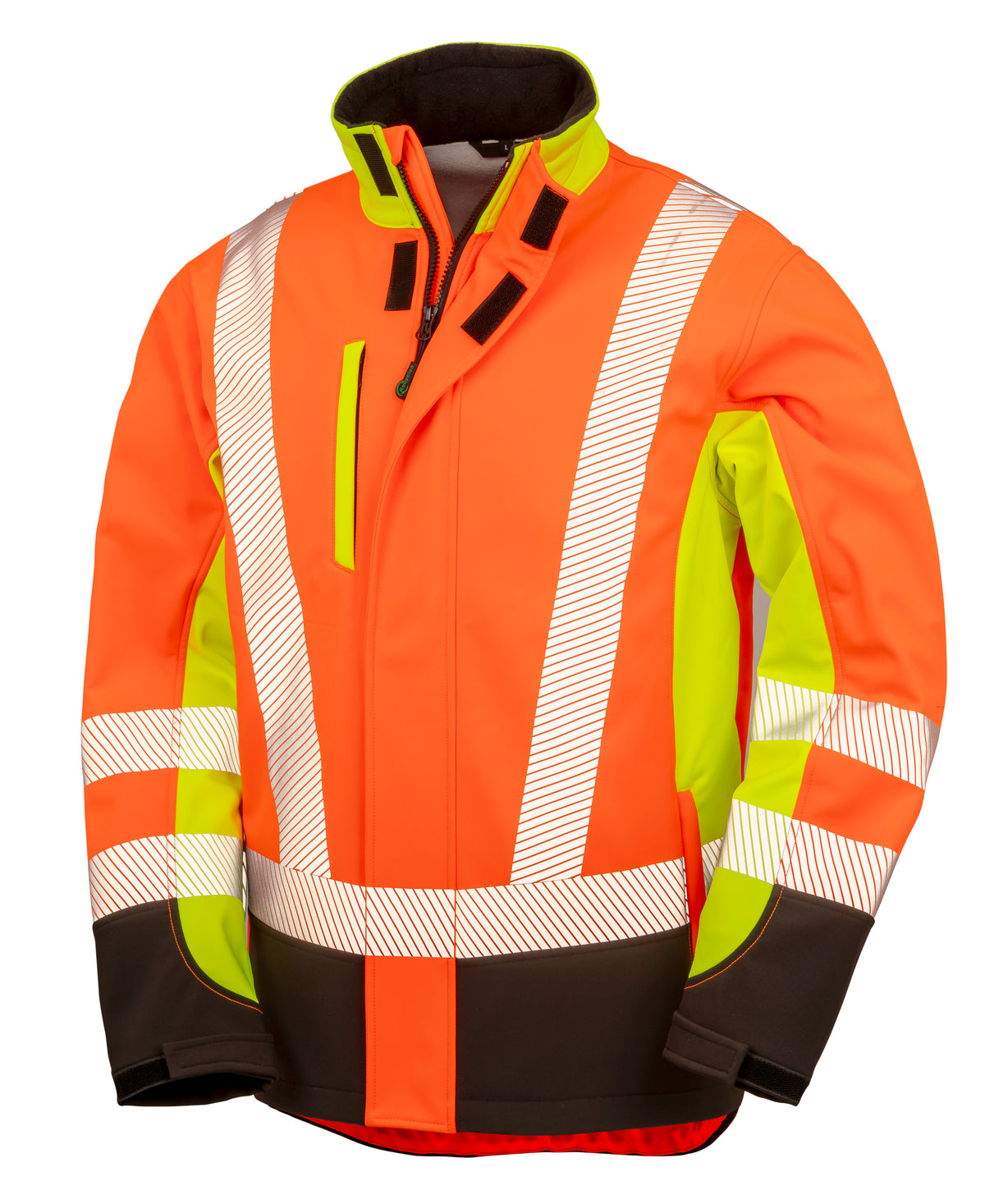 Recycled 3-Layer Printable 3-Tone Safety Softshell Jacket - Fluorescent Yellow / Fluorescent Orange / Black